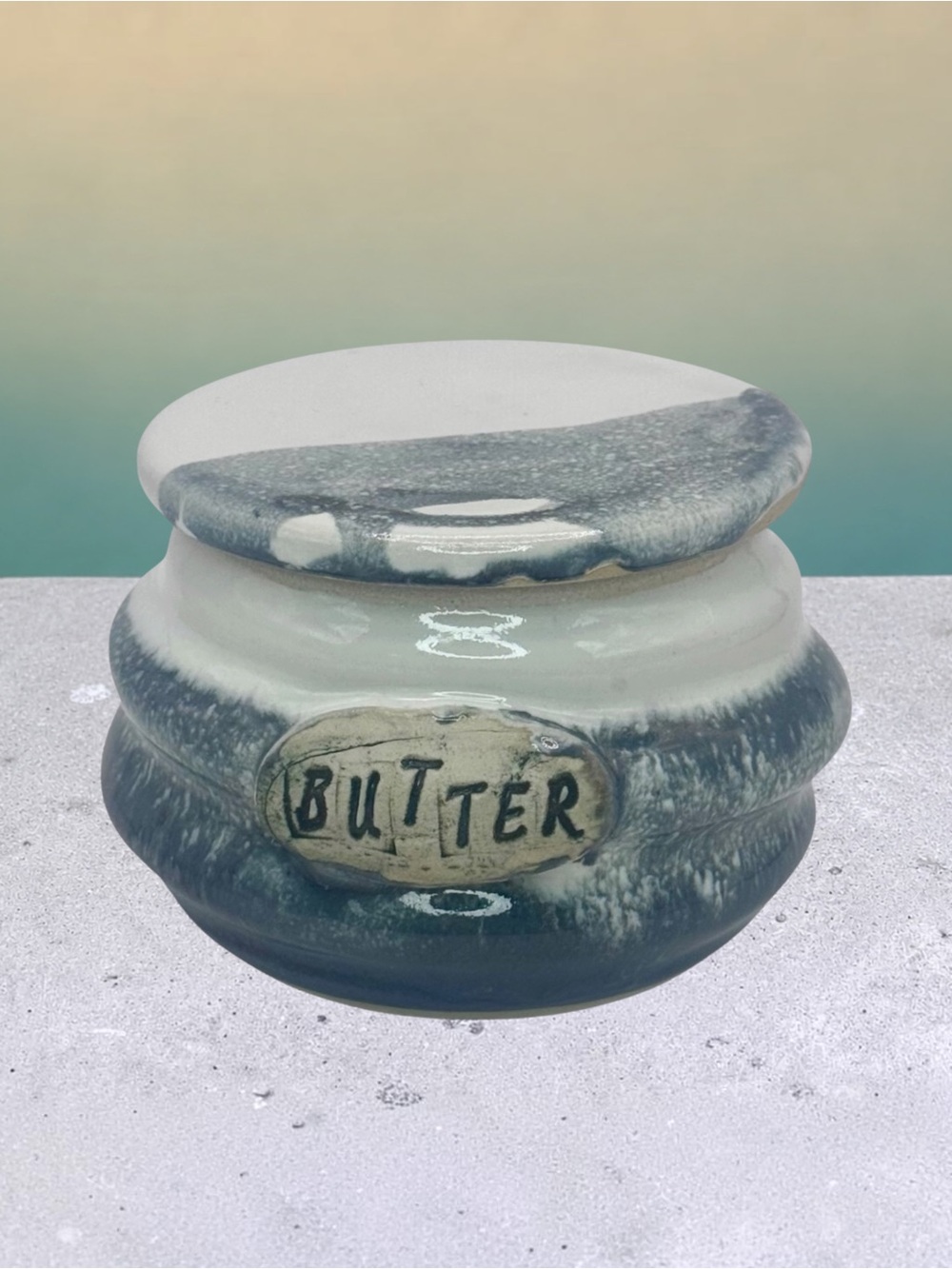 Pottery Butter Crock 5 Lines Art Lidded Stoneware Glazed Dish Farmhouse 4”